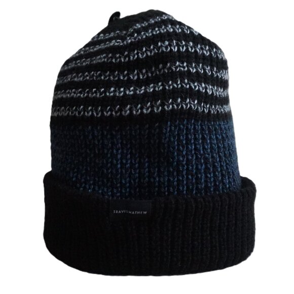 Travis Mathew Black with Blue Accent Sweater Weaved Fold Over Beanie Men’s OSFM - Picture 1 of 6